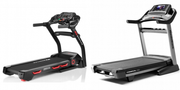 Side by side comparison of Bowflex BXT116 and NordicTrack Commercial 1750 treadmills.
