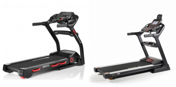 Side by side comparison of Bowflex BXT116 and Sole F80 treadmills.