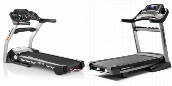 Side by side comparison of Bowflex BXT216 and NordicTrack Commercial 1750 treadmills.