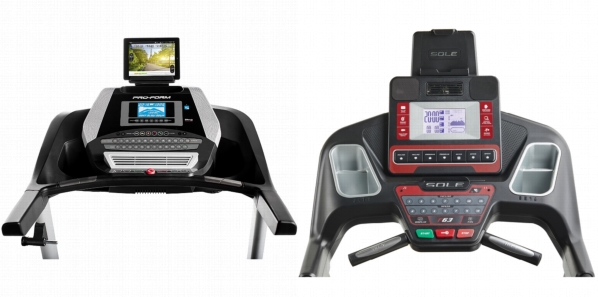 Consoles of ProForm 905 CST and SOLE F63 Treadmill.