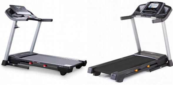 Side by side comparison of ProForm Carbon T7 and NordicTrack T Series Treadmill 6.5S treadmills.