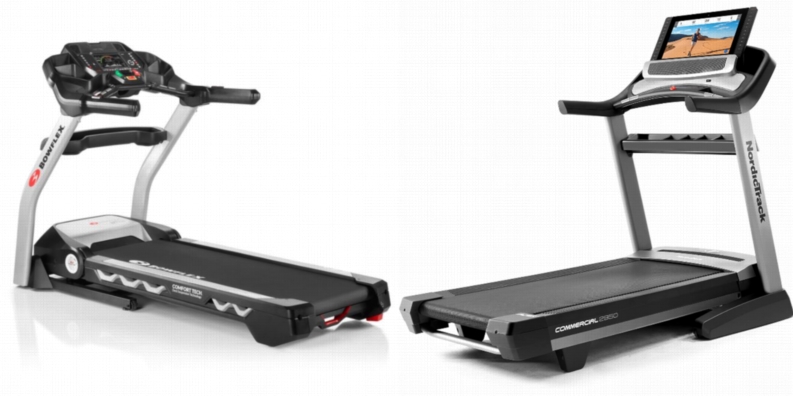 Side by side comparison of Bowflex BXT216 and NordicTrack Commercial 2950 treadmills.