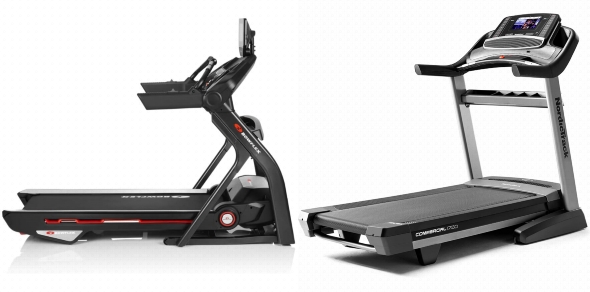Side by side comparison of Bowflex T10 and NordicTrack Commercial 1750 treadmills.