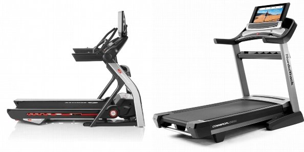 Side by side comparison of Bowflex T22 and NordicTrack Commercial 2950 treadmills.