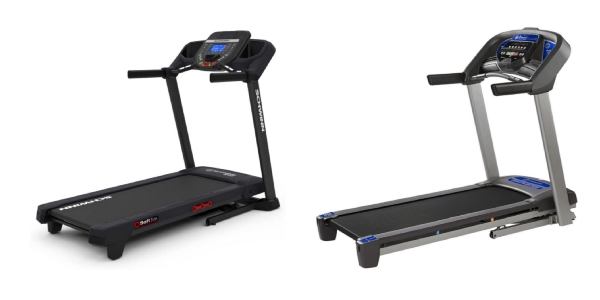 Side by side comparison of Schwinn 810 and Horizon Fitness T101 treadmills.